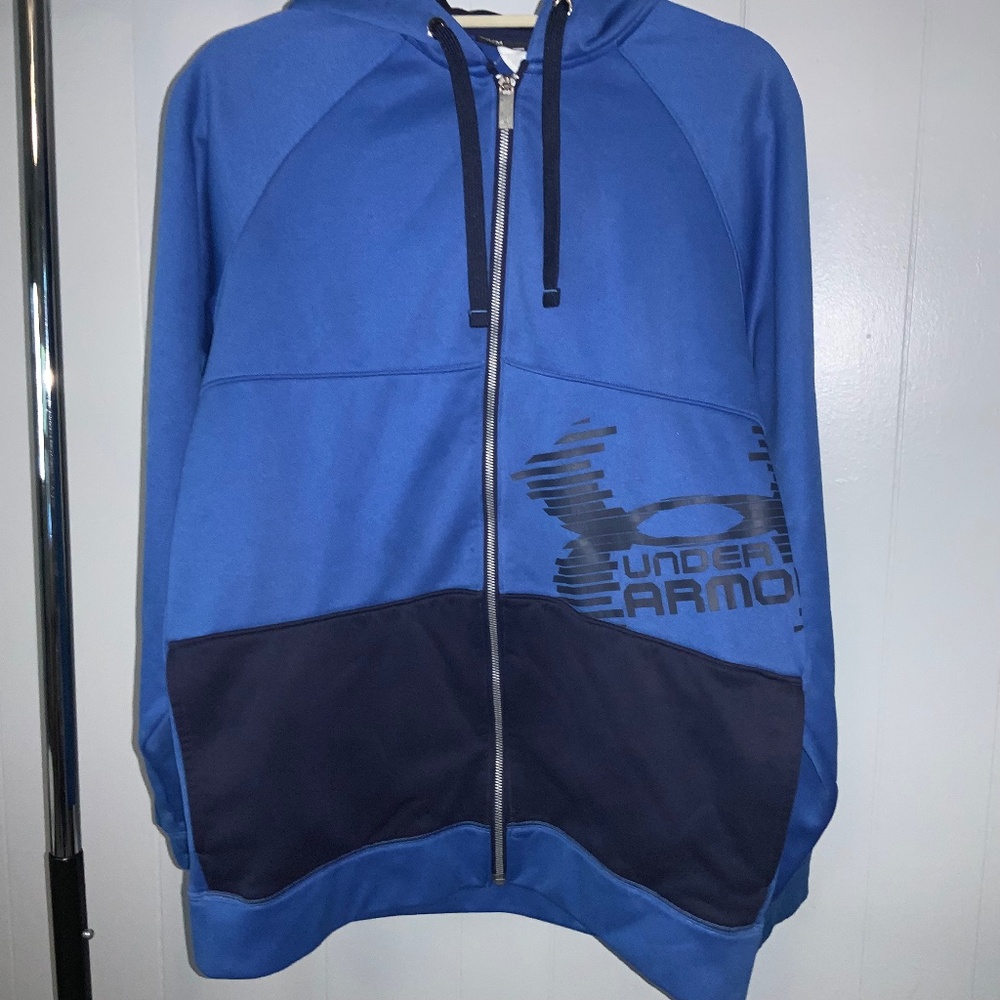 Under Armour Blue Color Block Full Zip hoodie Sz M Drawstring logo pockets loose